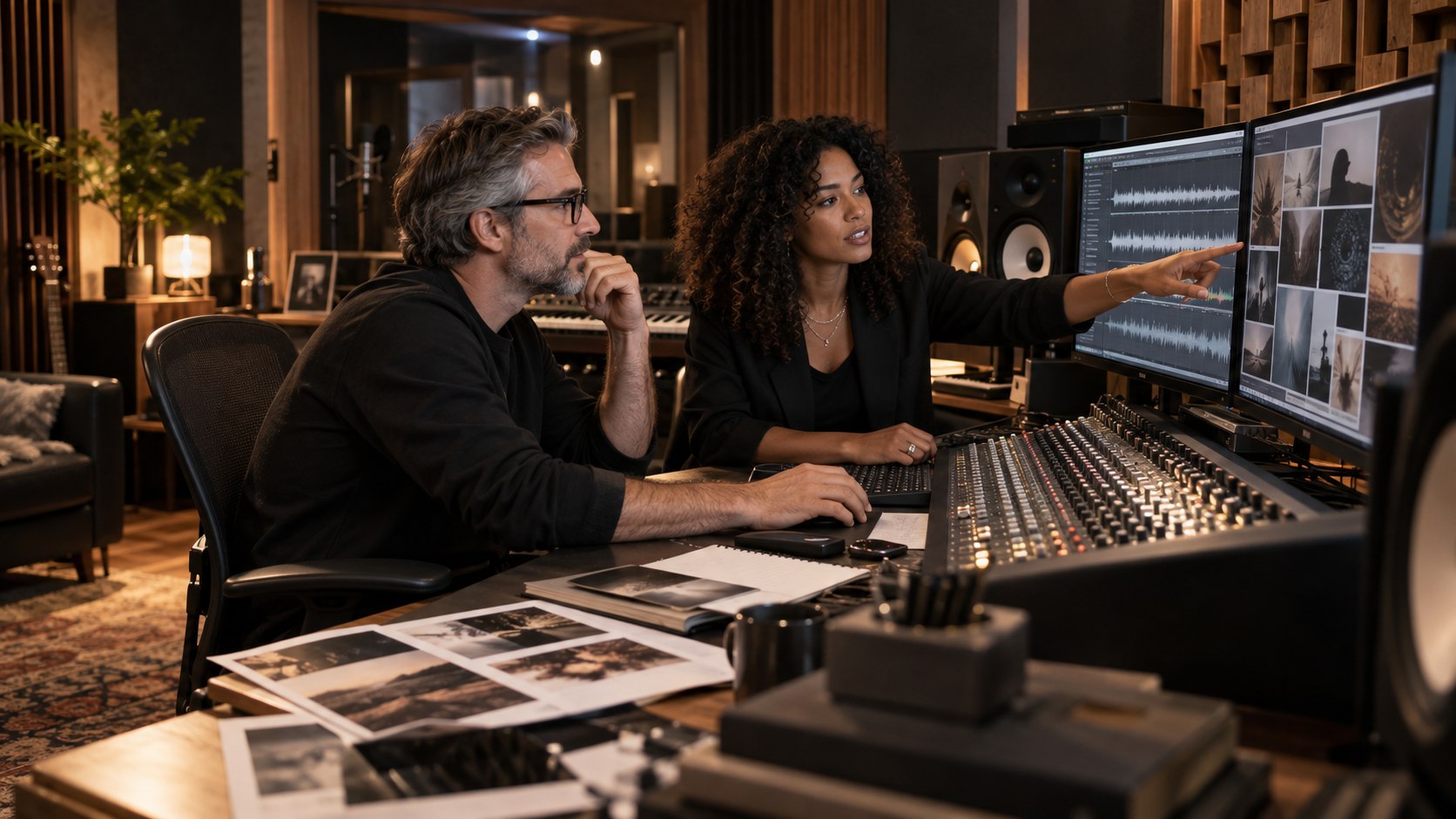 Brand strategist and music producer collaborating on an original sonic identity