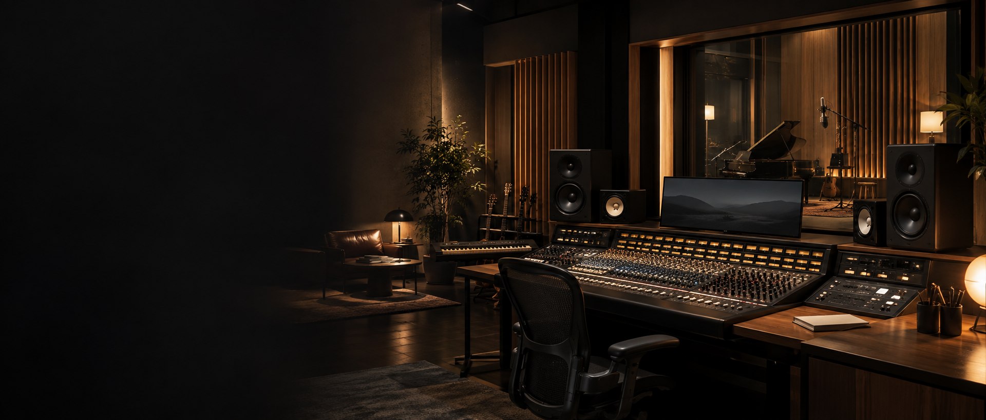 Premium recording studio with warm lighting, mixing console and speakers